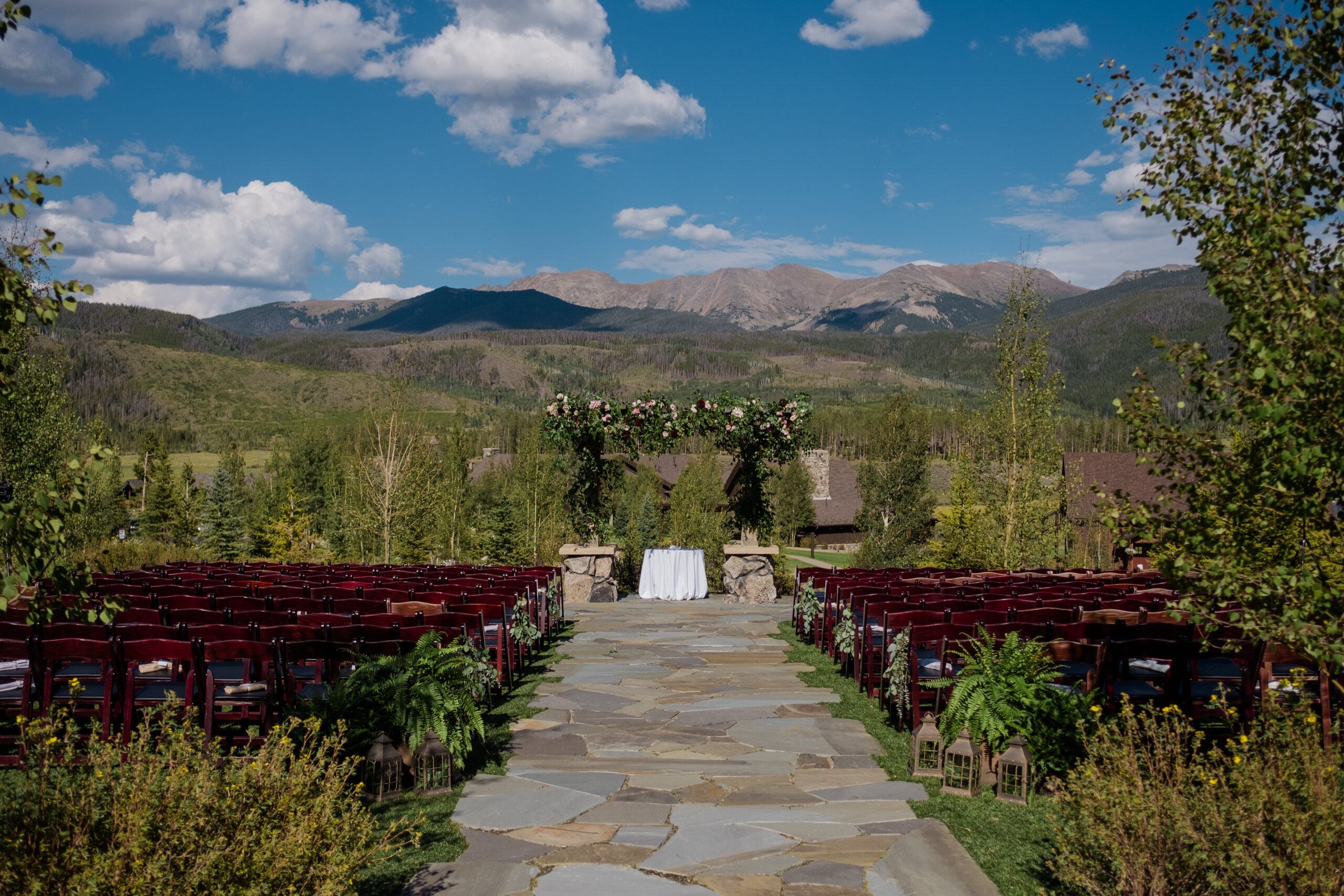 wedding ceremony set up outside at devil's thumb ranch