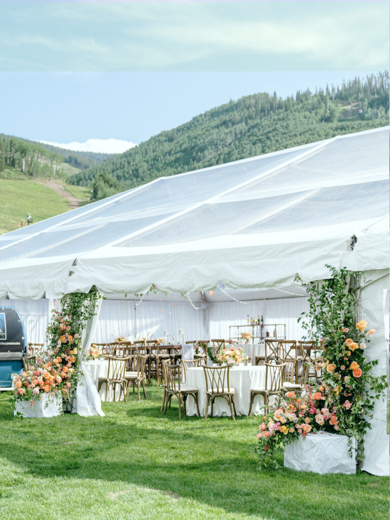 tented-wedding Elegant tented wedding setup with mountain backdrop and floral accents.