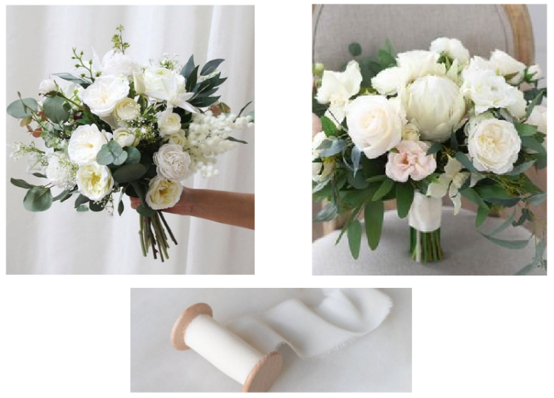 Bridal bouquets with white blooms and silk ribbon showcasing soft, romantic wedding design ideas.