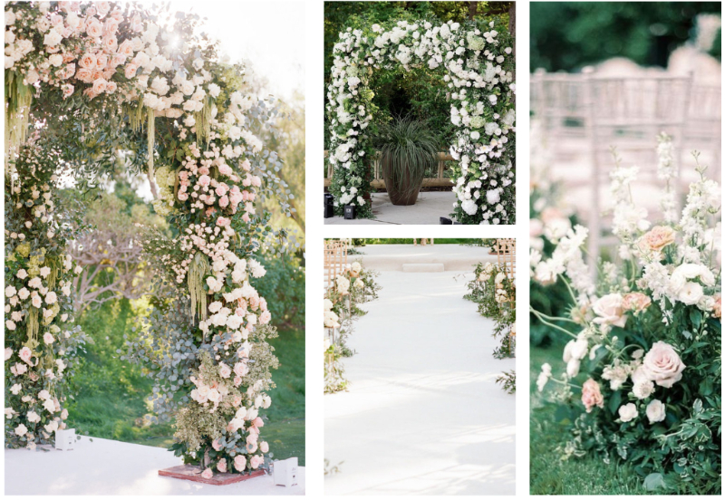 Moodboard featuring floral chuppahs, aisle flowers, and soft blush tones for wedding design ideas.