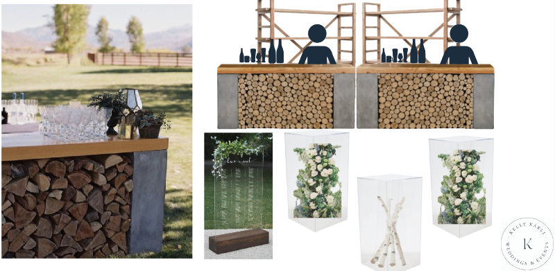 Cocktail hour moodboard with wood bar, acrylic seating chart, and floral columns for wedding design ideas.