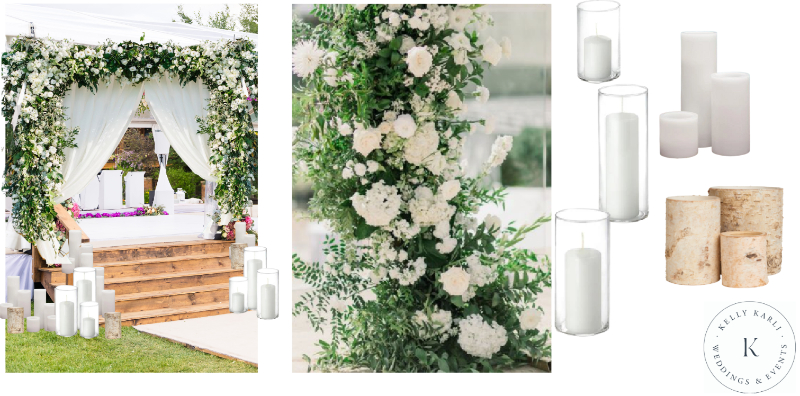 Floral-covered chuppah with draped fabric and candles, showcasing romantic and elegant wedding design ideas.