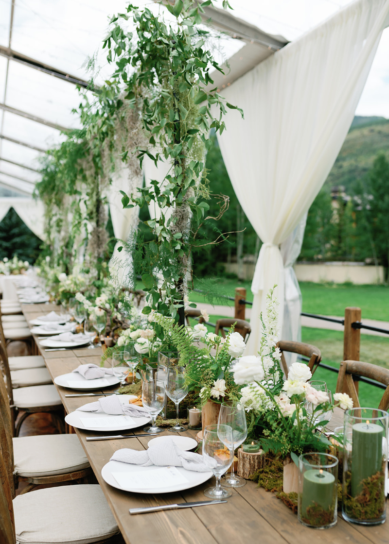 Long reception table with hanging greenery and rustic decor showcasing natural, elevated wedding design ideas.