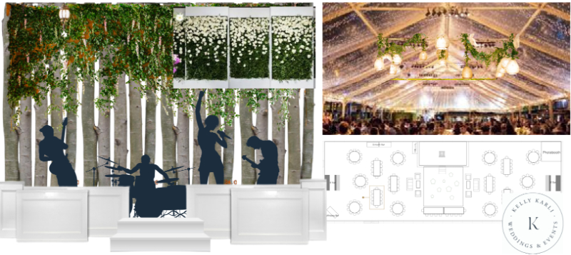 Wedding reception stage design with birch backdrop, band silhouettes, and tent lighting inspiration ideas.