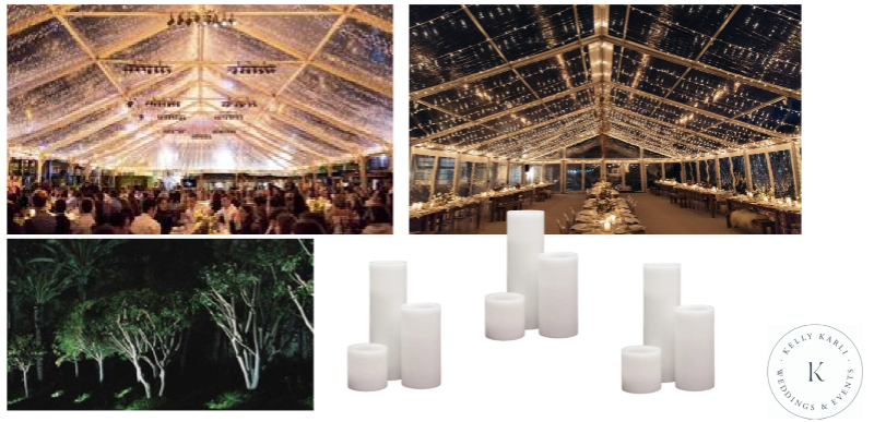 Clear tent with romantic string lighting overhead, perfect for evening wedding design ideas outdoors.