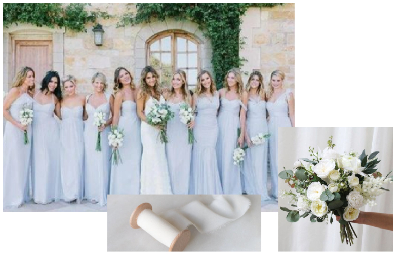 Bridesmaids in light blue dresses with white bouquets and silk ribbon, highlighting soft wedding design ideas.