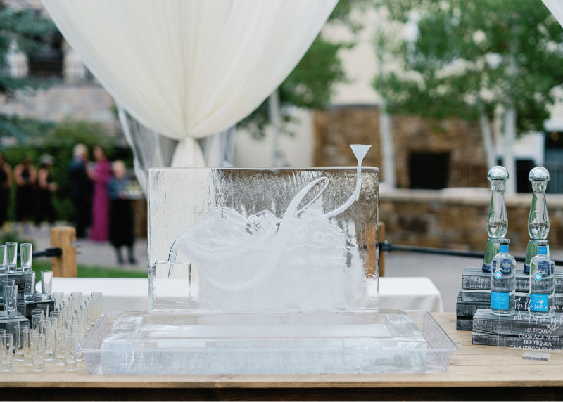 Elegant ice luge sculpture at wedding reception, shaped for pouring drinks, with draped white backdrop.