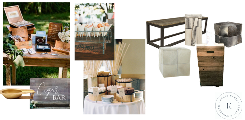 Cigar and s'mores bar setup with lounge seating options, including rustic furniture and cozy accents.