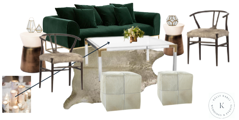 Lounge setup with emerald green sofa, modern chairs, acrylic table, and cozy neutral accents for guests.